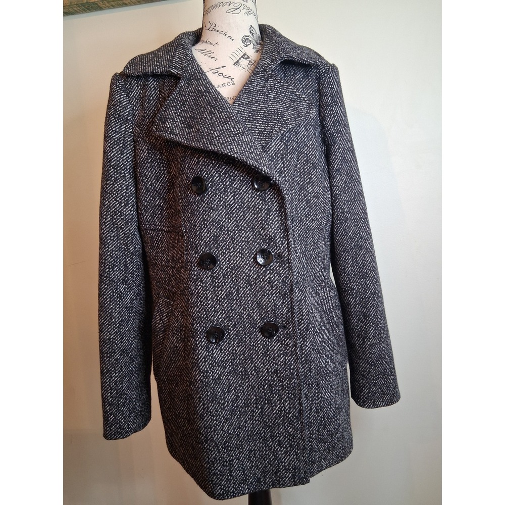 Lady Hathaway Design Studio Womens Black White Tweed Double Breasted Pea Coat L
